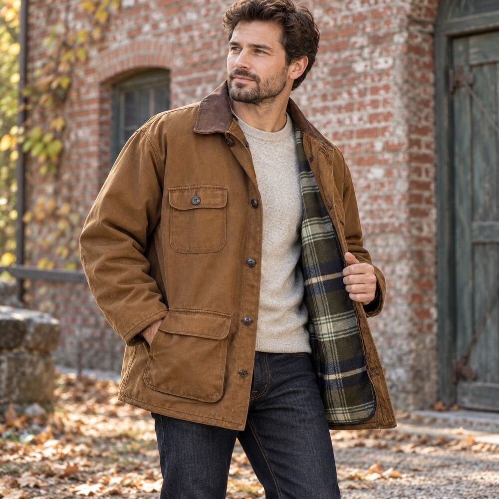 Vintage J.Crew Barn Jacket Mens XL Brown Canvas Leather Collar Wool Inner Liner
